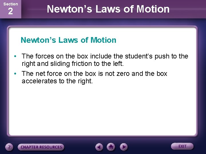 Section 2 Newton’s Laws of Motion • The forces on the box include the