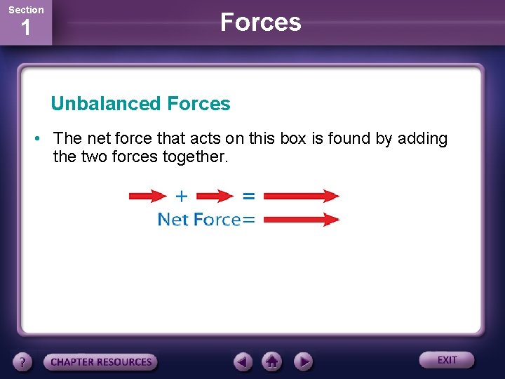 Section 1 Forces Unbalanced Forces • The net force that acts on this box Section 1 Forces Unbalanced Forces • The net force that acts on this box
