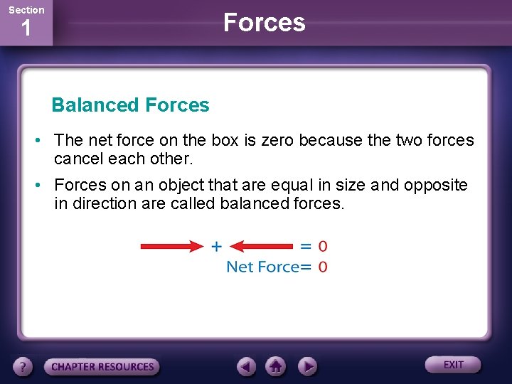 Section Forces 1 Balanced Forces • The net force on the box is zero