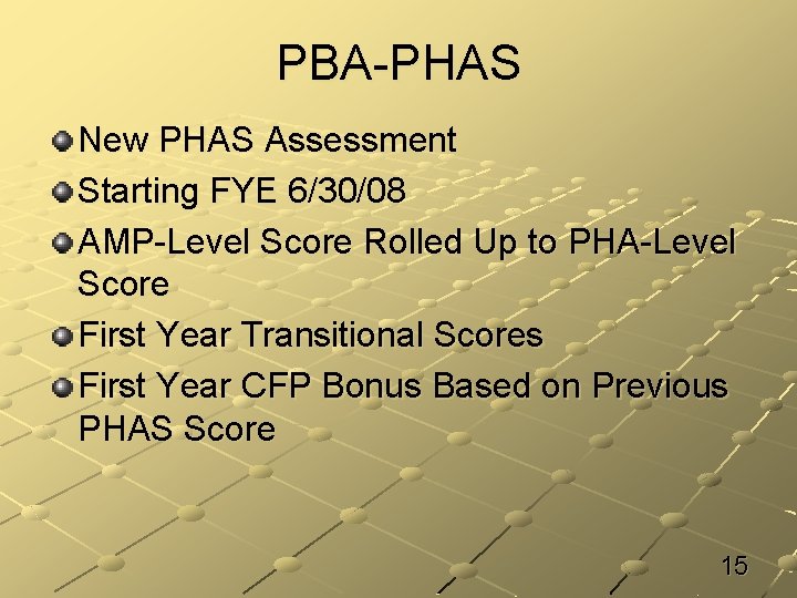 PBA-PHAS New PHAS Assessment Starting FYE 6/30/08 AMP-Level Score Rolled Up to PHA-Level Score