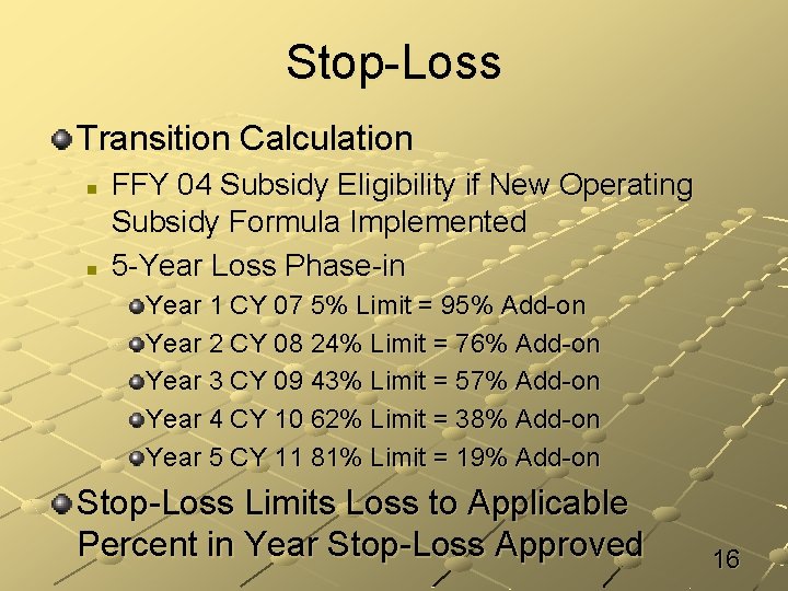 Stop-Loss Transition Calculation n n FFY 04 Subsidy Eligibility if New Operating Subsidy Formula