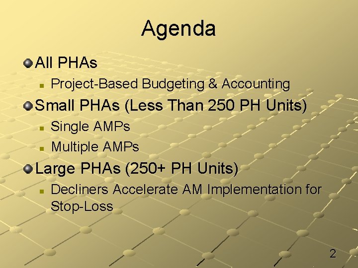 Agenda All PHAs n Project-Based Budgeting & Accounting Small PHAs (Less Than 250 PH