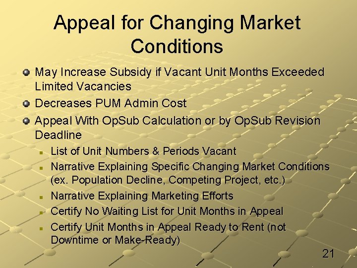 Appeal for Changing Market Conditions May Increase Subsidy if Vacant Unit Months Exceeded Limited