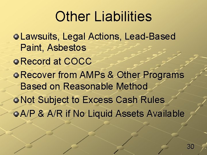Other Liabilities Lawsuits, Legal Actions, Lead-Based Paint, Asbestos Record at COCC Recover from AMPs