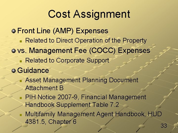 Cost Assignment Front Line (AMP) Expenses n Related to Direct Operation of the Property