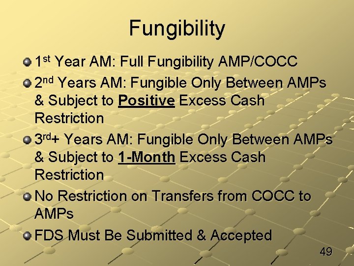 Fungibility 1 st Year AM: Full Fungibility AMP/COCC 2 nd Years AM: Fungible Only