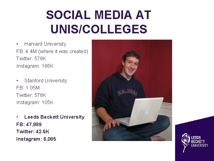 SOCIAL MEDIA AT UNIS/COLLEGES • Harvard University FB: 4. 4 M (where it was