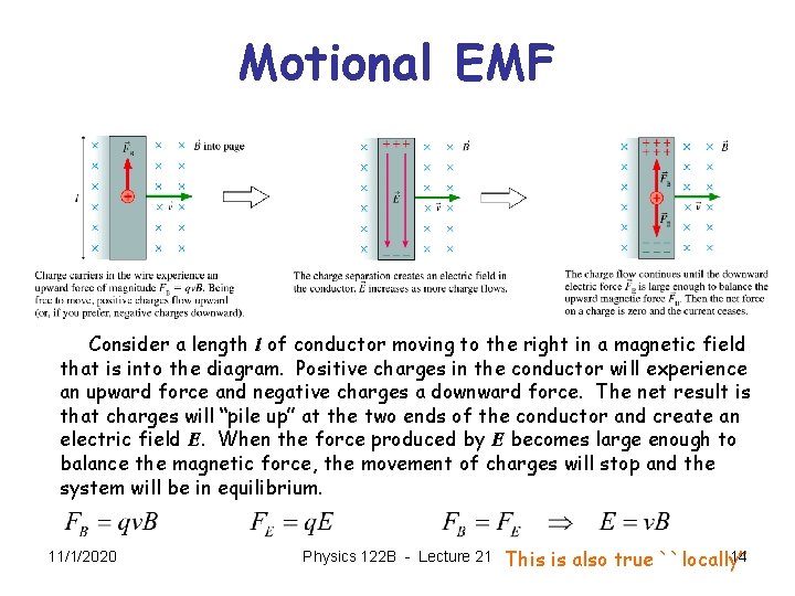 Motional EMF Consider a length l of conductor moving to the right in a