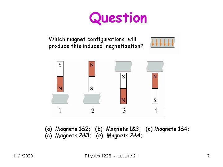 Question Which magnet configurations will produce this induced magnetization? (a) Magnets 1&2; (b) Magnets