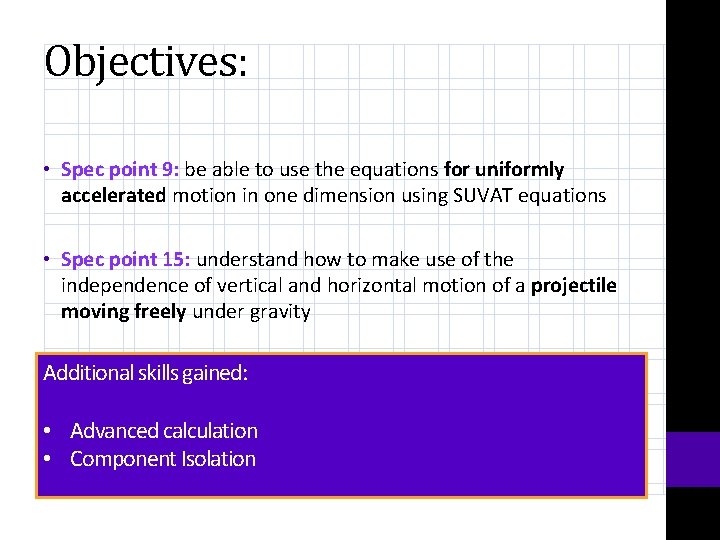 Objectives: • Spec point 9: be able to use the equations for uniformly accelerated