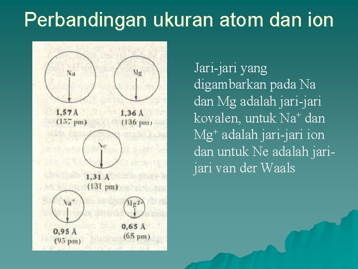 Perbandingan ukuran atom dan ion Jari-jari yang digambarkan pada Na dan Mg adalah jari-jari