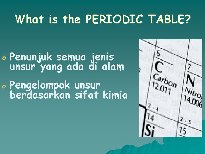 What is the PERIODIC TABLE? o Penunjuk semua jenis unsur yang ada di alam