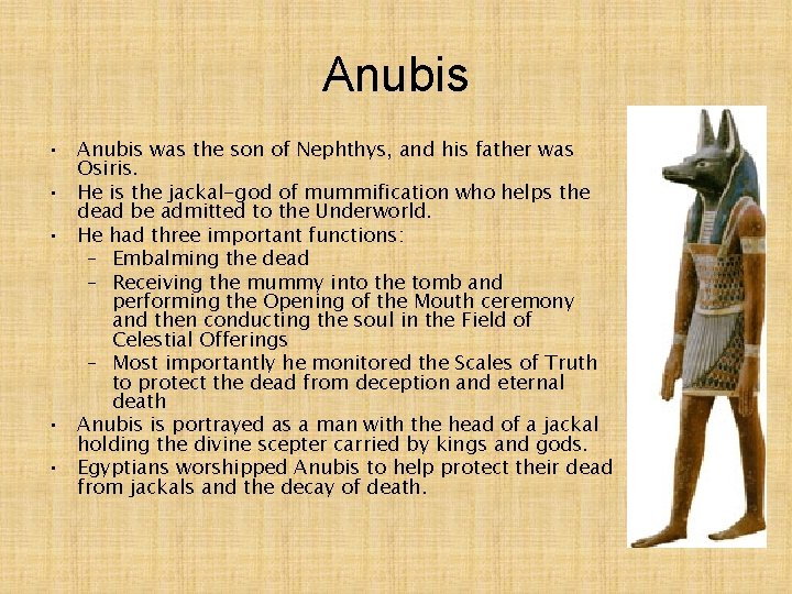 Anubis • Anubis was the son of Nephthys, and his father was Osiris. •