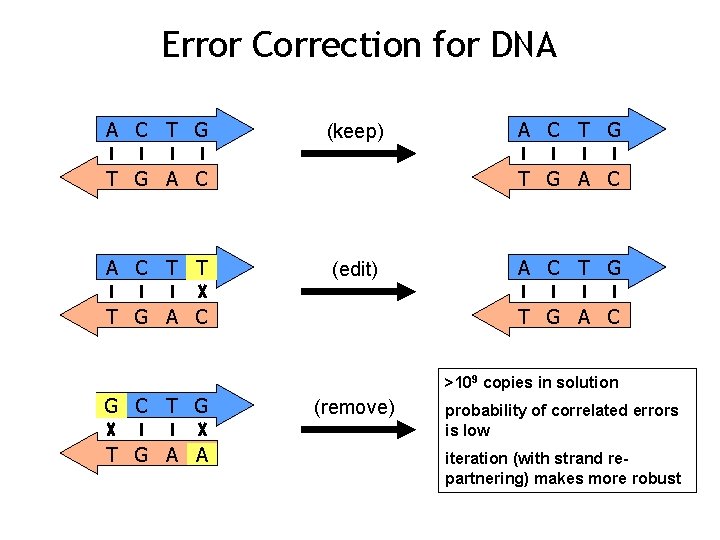 Error Correction for DNA A C T G (keep) T G A C T