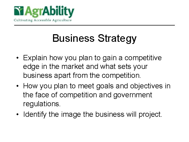 Business Strategy • Explain how you plan to gain a competitive edge in the