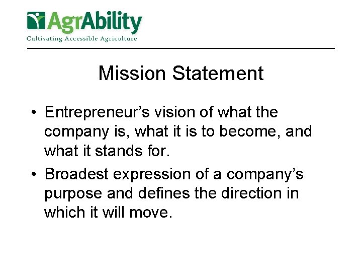 Mission Statement • Entrepreneur’s vision of what the company is, what it is to