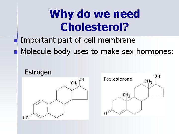 Why do we need Cholesterol? Important part of cell membrane n Molecule body uses