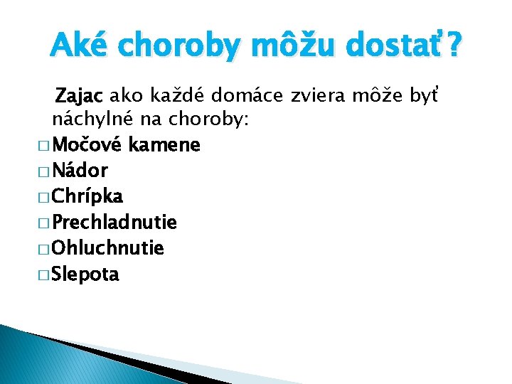 Aké choroby môžu dostať? Zajac ako každé domáce zviera môže byť náchylné na choroby: