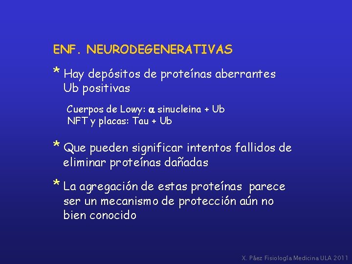ENF. NEURODEGENERATIVAS * Hay depósitos de proteínas aberrantes Ub positivas Cuerpos de Lowy: a