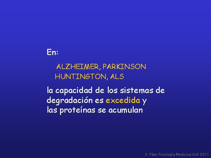 En: ALZHEIMER, PARKINSON HUNTINGTON, ALS la capacidad de los sistemas de degradación es excedida