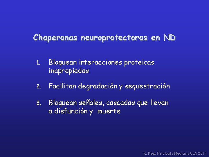Chaperonas neuroprotectoras en ND 1. Bloquean interacciones proteicas inapropiadas 2. Facilitan degradación y sequestración