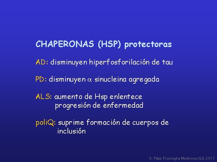 CHAPERONAS (HSP) protectoras AD: disminuyen hiperfosforilación de tau PD: disminuyen a sinucleina agregada ALS:
