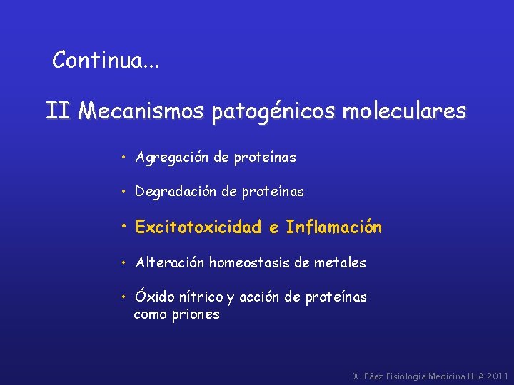 Continua. . . II Mecanismos patogénicos moleculares • Agregación de proteínas • Degradación de