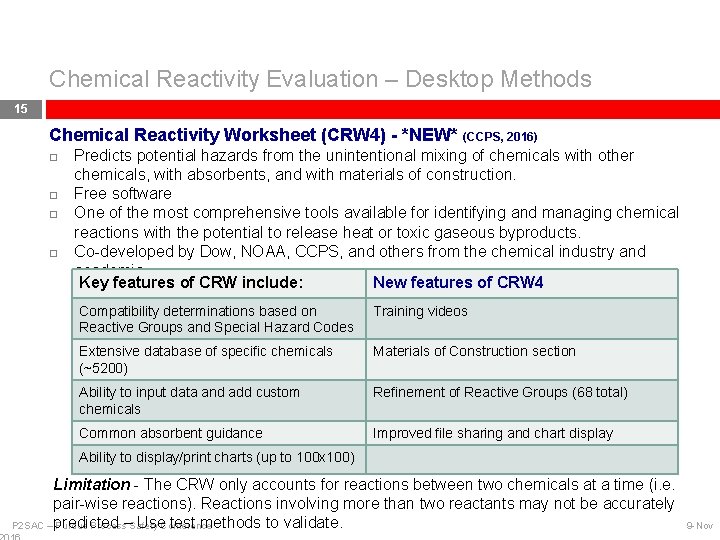 Chemical Reactivity Evaluation – Desktop Methods 15 Chemical Reactivity Worksheet (CRW 4) - *NEW*