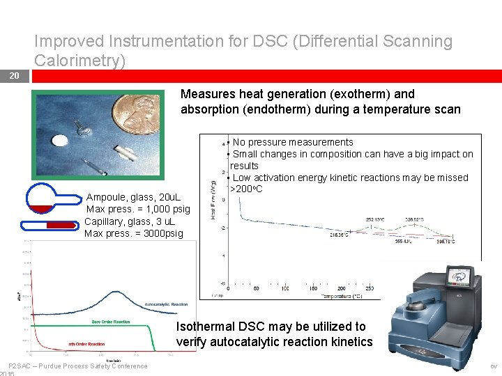 Improved Instrumentation for DSC (Differential Scanning Calorimetry) 20 Measures heat generation (exotherm) and absorption