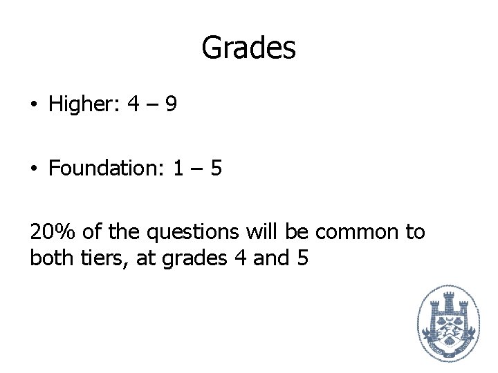 Grades • Higher: 4 – 9 • Foundation: 1 – 5 20% of the