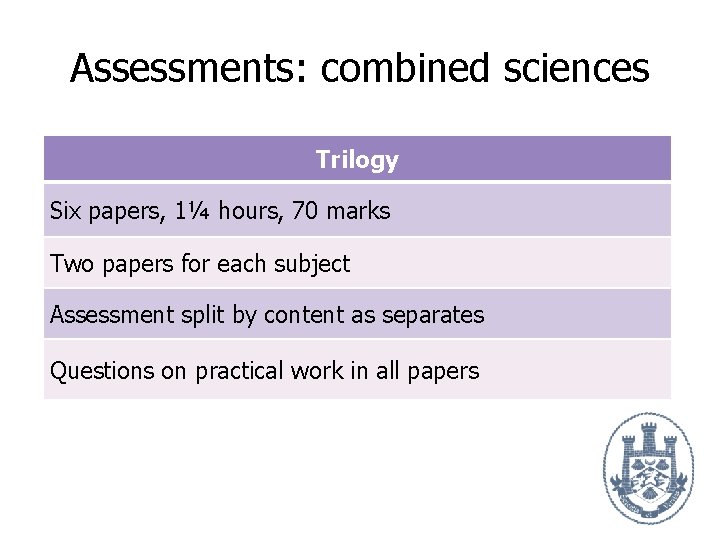 Assessments: combined sciences Trilogy Six papers, 1¼ hours, 70 marks Two papers for each