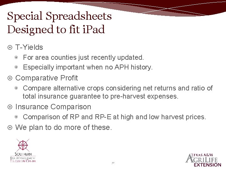 Special Spreadsheets Designed to fit i. Pad T-Yields ◉ For area counties just recently