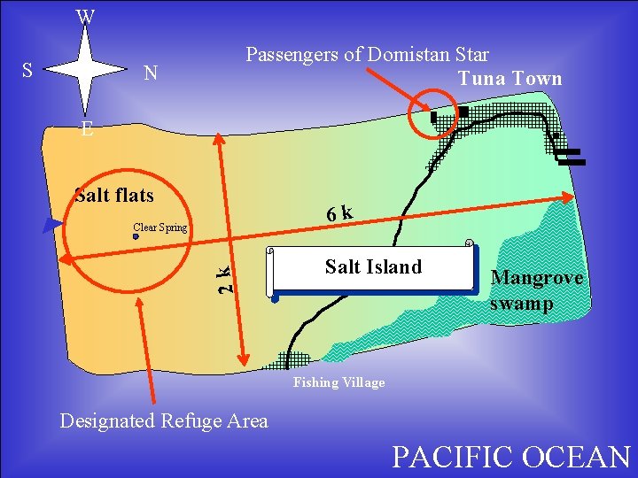 W S Passengers of Domistan Star Tuna Town N E Salt flats 6 k