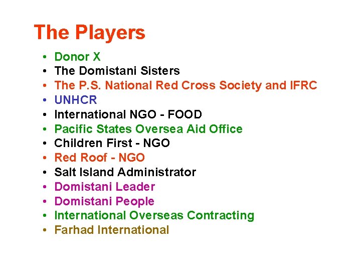 The Players • • • • Donor X The Domistani Sisters The P. S.
