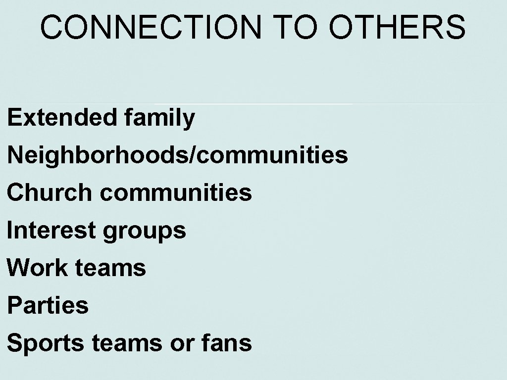 CONNECTION TO OTHERS Extended family Neighborhoods/communities Church communities Interest groups Work teams Parties Sports