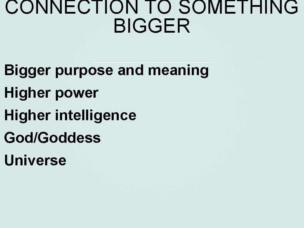 CONNECTION TO SOMETHING BIGGER Bigger purpose and meaning Higher power Higher intelligence God/Goddess Universe