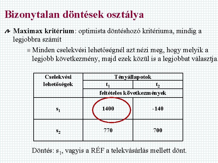 Bizonytalan döntések osztálya Maximax kritérium: optimista döntéshozó kritériuma, mindig a legjobbra számít n Minden