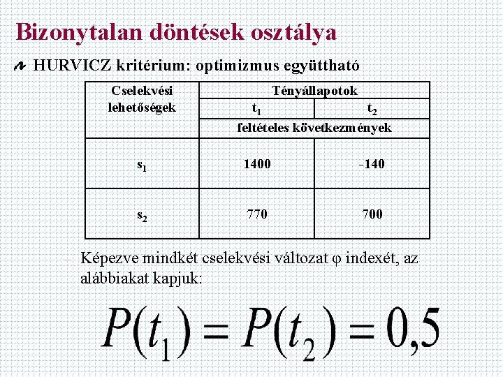 Bizonytalan döntések osztálya HURVICZ kritérium: optimizmus együttható Cselekvési lehetőségek – Tényállapotok t 1 t