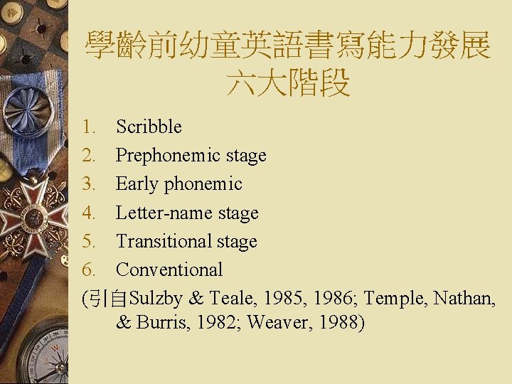 學齡前幼童英語書寫能力發展 六大階段 1. Scribble 2. Prephonemic stage 3. Early phonemic 4. Letter-name stage 5.