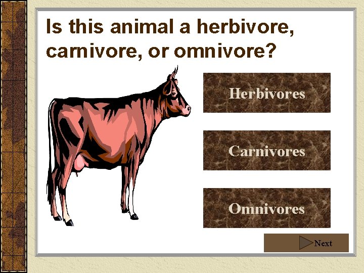 Is this animal a herbivore, carnivore, or omnivore? Herbivores Carnivores Omnivores Next Is this animal a herbivore, carnivore, or omnivore? Herbivores Carnivores Omnivores Next