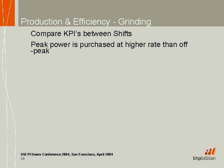 Production & Efficiency - Grinding Compare KPI’s between Shifts Peak power is purchased at