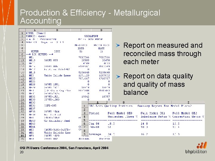 Production & Efficiency - Metallurgical Accounting Report on measured and reconciled mass through each