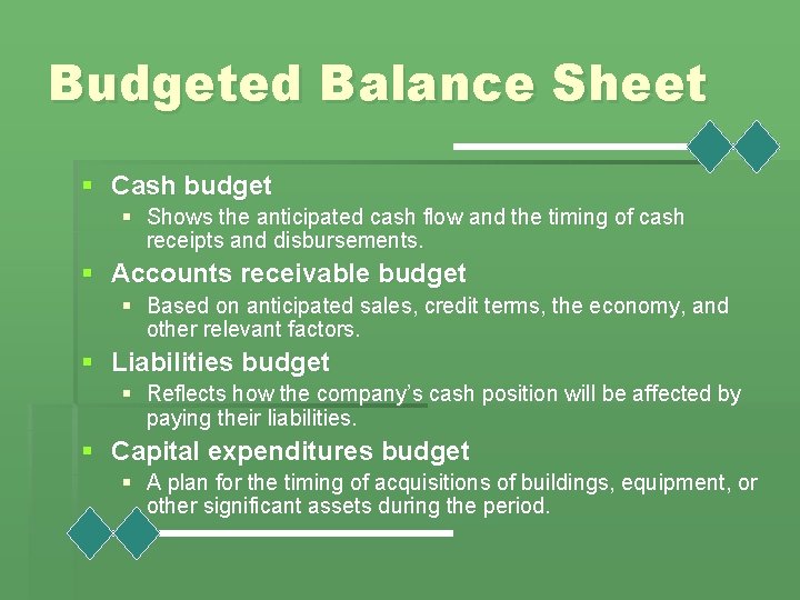 Budgeted Balance Sheet § Cash budget § Shows the anticipated cash flow and the