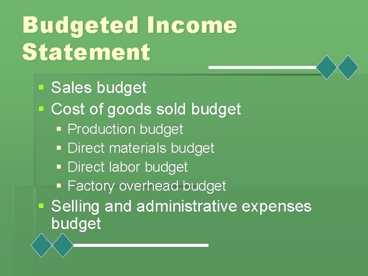 Budgeted Income Statement § Sales budget § Cost of goods sold budget § Production