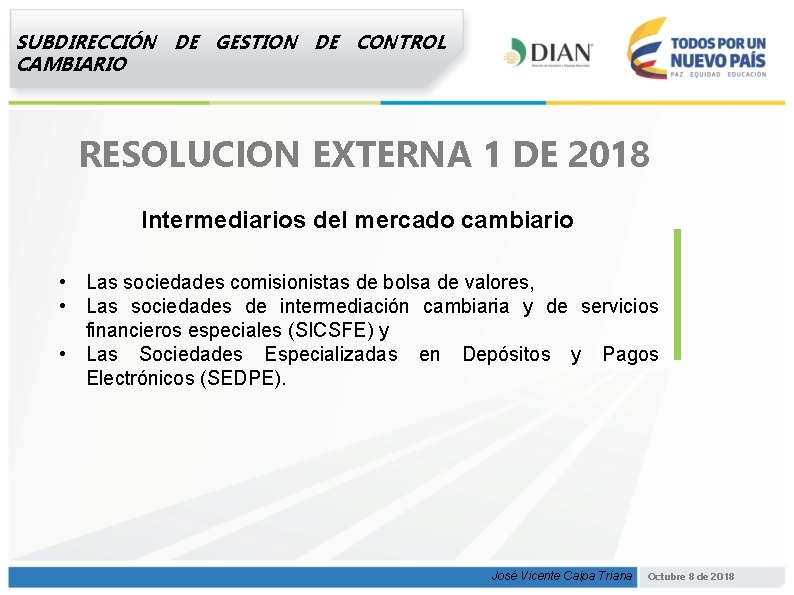 SUBDIRECCIÓN DE GESTION DE CONTROL CAMBIARIO RESOLUCION EXTERNA 1 DE 2018 Intermediarios del mercado