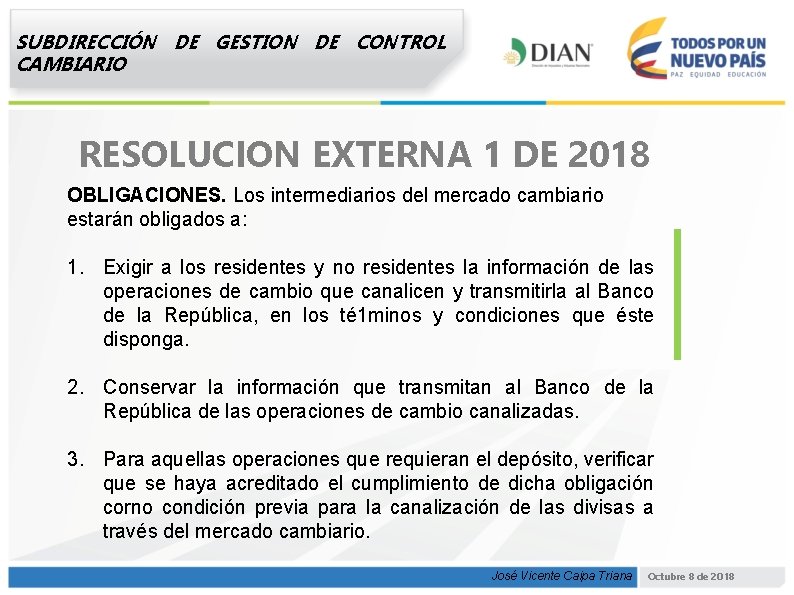 SUBDIRECCIÓN DE GESTION DE CONTROL CAMBIARIO RESOLUCION EXTERNA 1 DE 2018 OBLIGACIONES. Los intermediarios