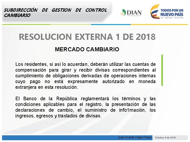 SUBDIRECCIÓN DE GESTION DE CONTROL CAMBIARIO RESOLUCION EXTERNA 1 DE 2018 MERCADO CAMBIARIO Los