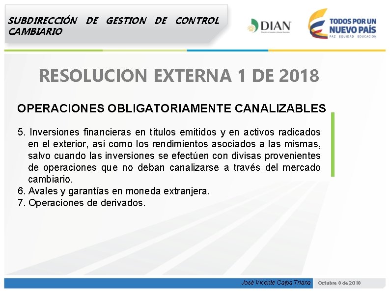 SUBDIRECCIÓN DE GESTION DE CONTROL CAMBIARIO RESOLUCION EXTERNA 1 DE 2018 OPERACIONES OBLIGATORIAMENTE CANALIZABLES