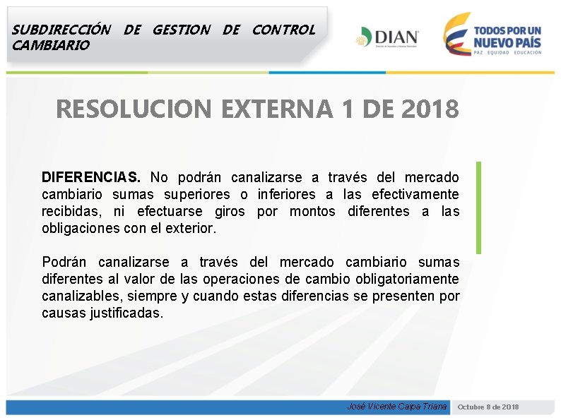 SUBDIRECCIÓN DE GESTION DE CONTROL CAMBIARIO RESOLUCION EXTERNA 1 DE 2018 DIFERENCIAS. No podrán