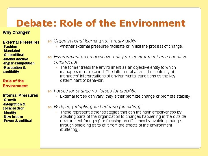 Debate: Role of the Environment Why Change? External Pressures -Fashion -Mandated -Geopolitical -Market decline